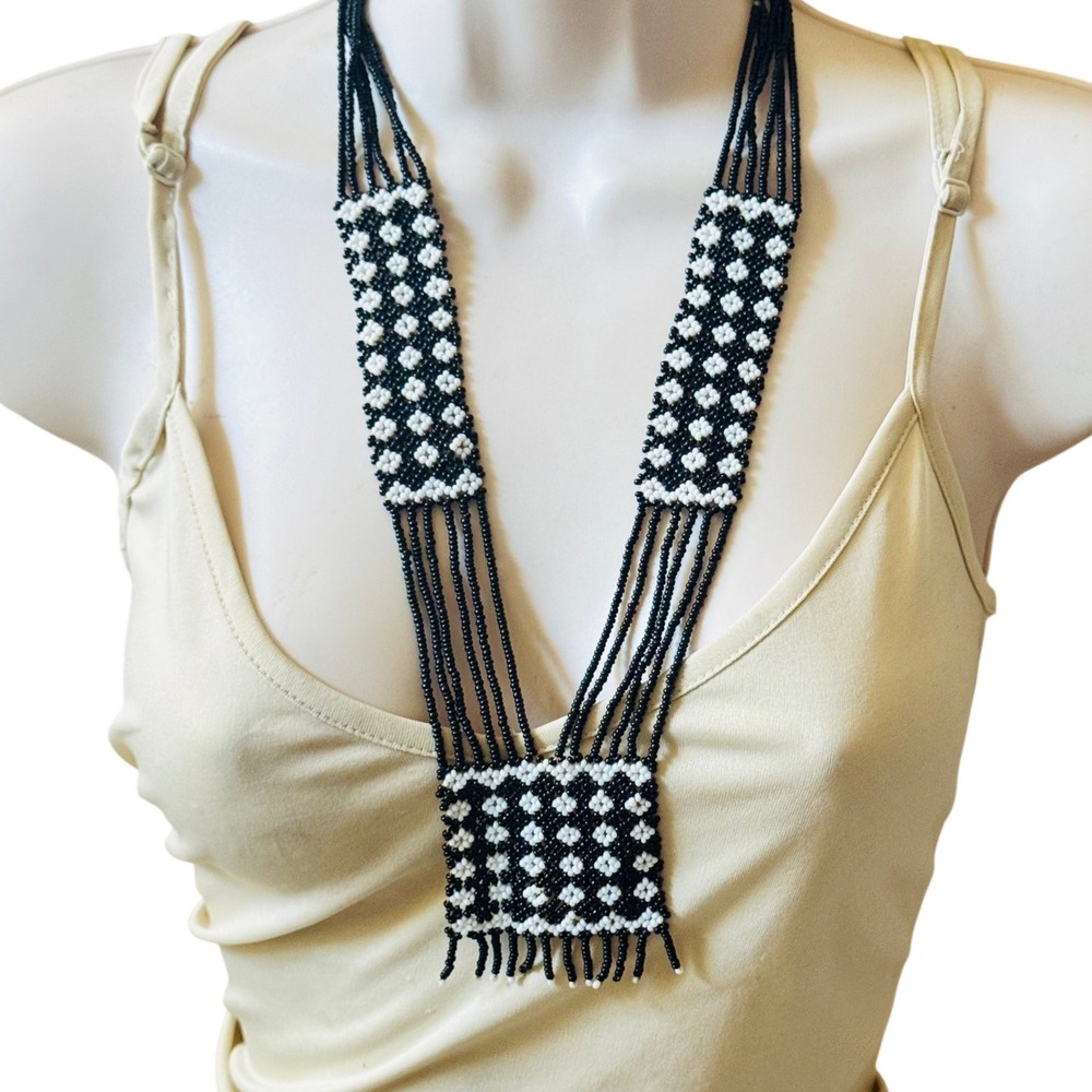 VTG Woven Beaded Floral Necklace Seed Glass Beads Black White Tassel 26"